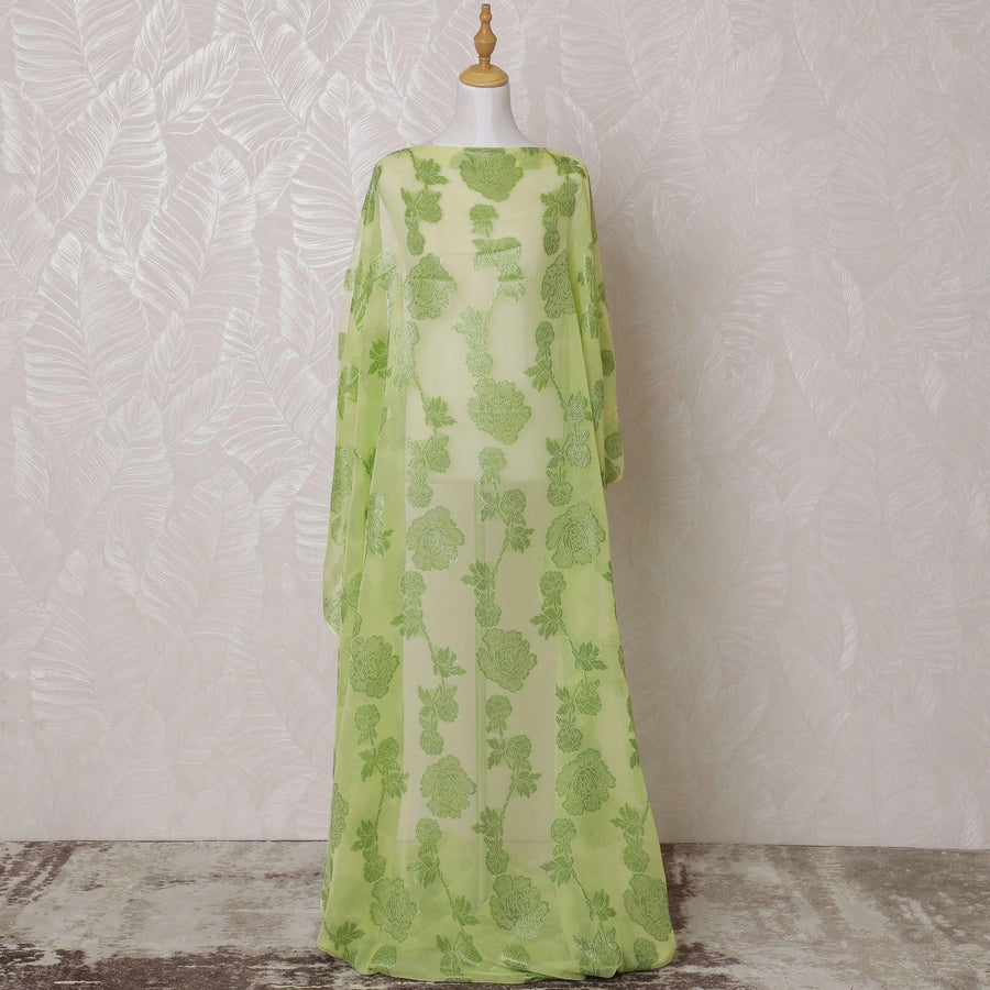 Lime green Premium pure French (Fransawi) silk chiffon dirac fabric with same tone metallic lurex in floral design-D15625