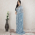 Baby blue, silver Premium pure French chantilly lace saree having stone work in floral design-D14485
