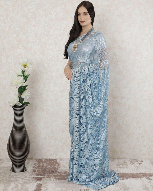 Baby blue, silver Premium pure French chantilly lace saree having stone work in floral design-D14485