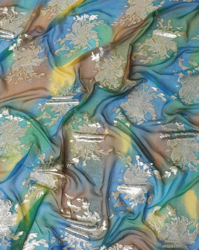 قماش شيفون حريري نقي فاخر متعدد الألوان مطبوع يدويًا مع لوركس معدني ذهبي بتصميم فاخر-D10410