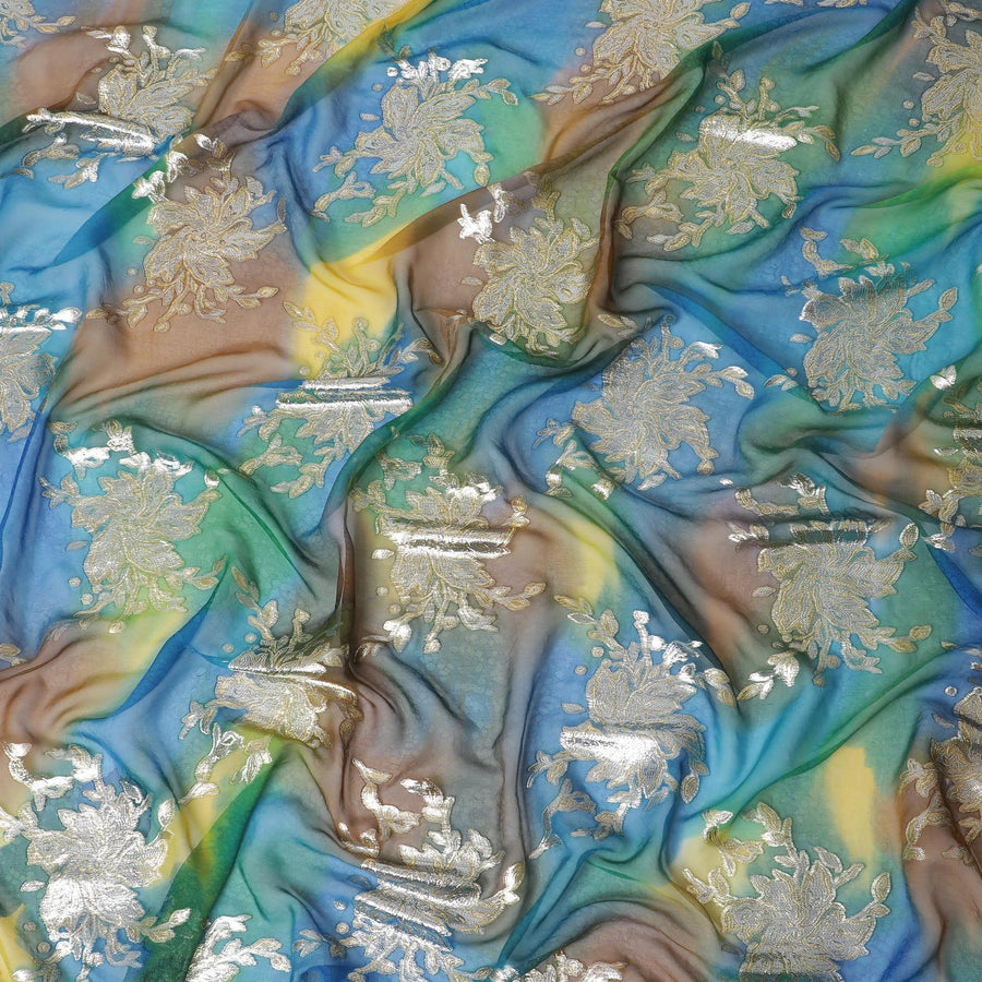 قماش شيفون حريري نقي فاخر متعدد الألوان مطبوع يدويًا مع لوركس معدني ذهبي بتصميم فاخر-D10410
