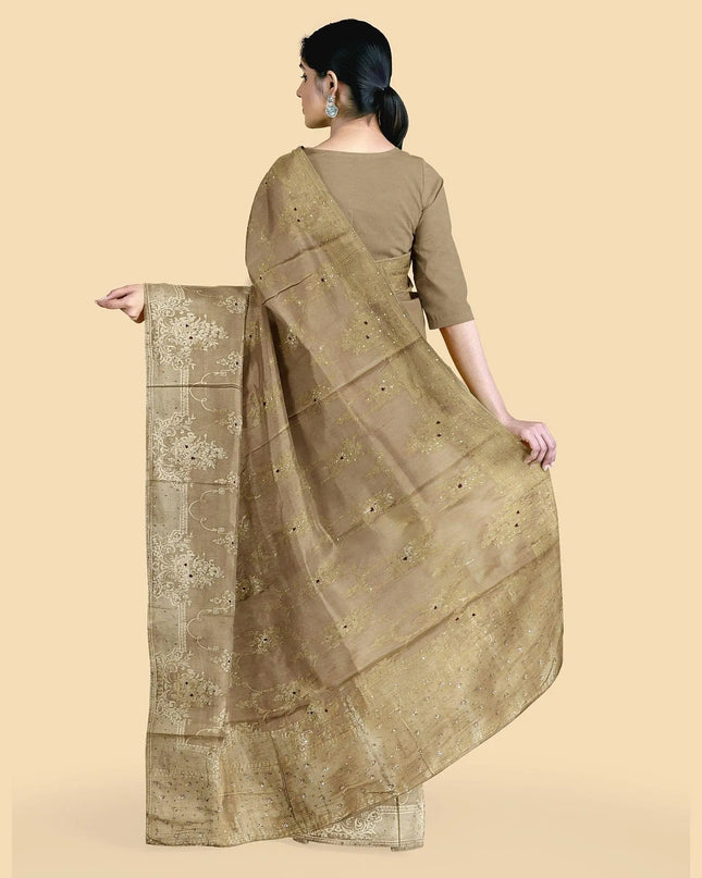 Taupe brown imitation silk saree with gold jacquard having same tone sequin work in floral design-D12787 Regal Fabrics