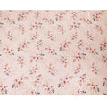 Peach synthetic satin fabric with olive green, crimson red and brick pink print in floral design-D10262