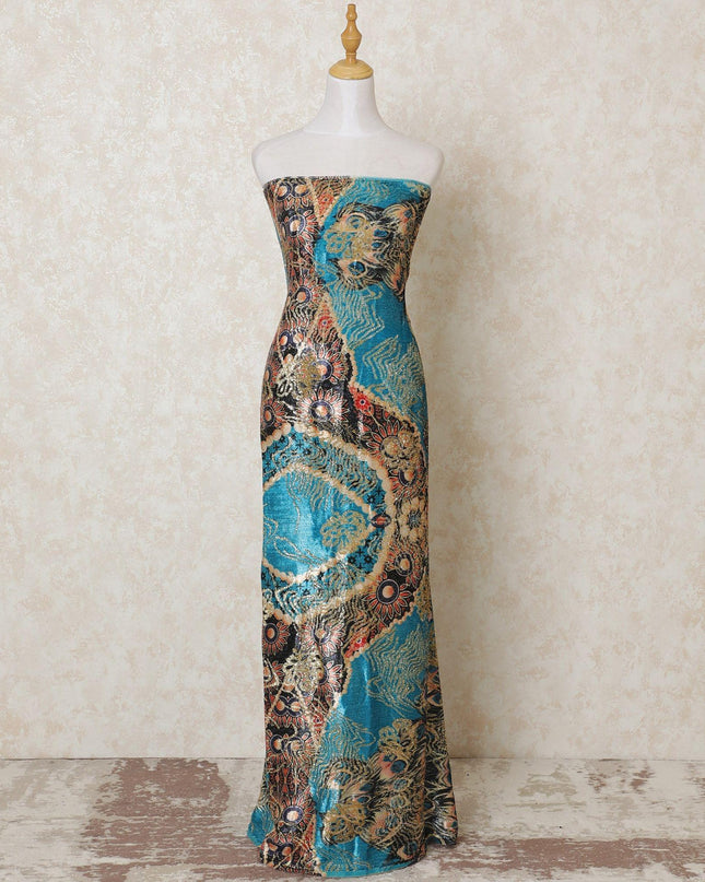 Blue silk blended velvet fabric with multicolor print having gold metallic lurex work in floral design-D13944