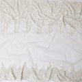 Off white nylon tulle fabric with same tone embroidery, floral petals having bead work and stone work in floral design-D11736