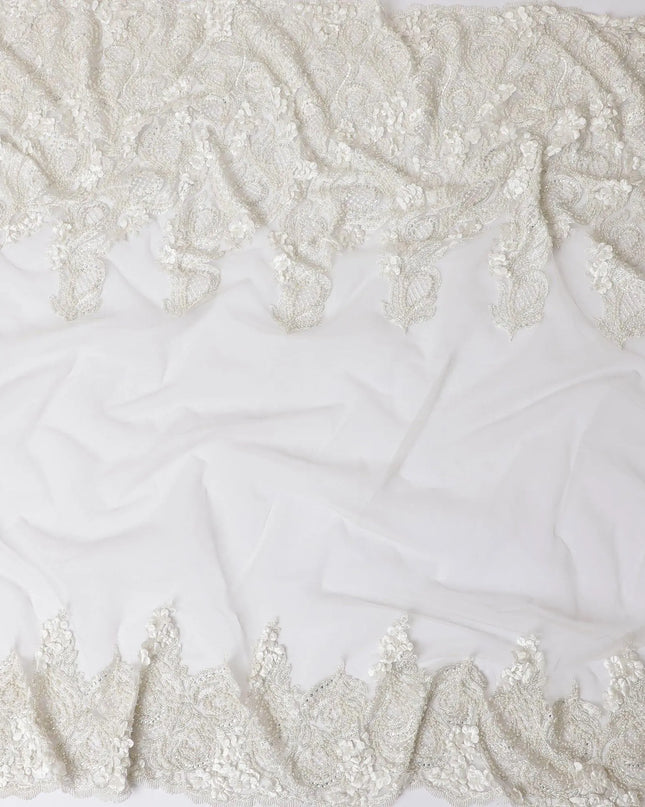 Off white nylon tulle fabric with same tone embroidery, floral petals having bead work and stone work in floral design-D11736 Regal Fabrics