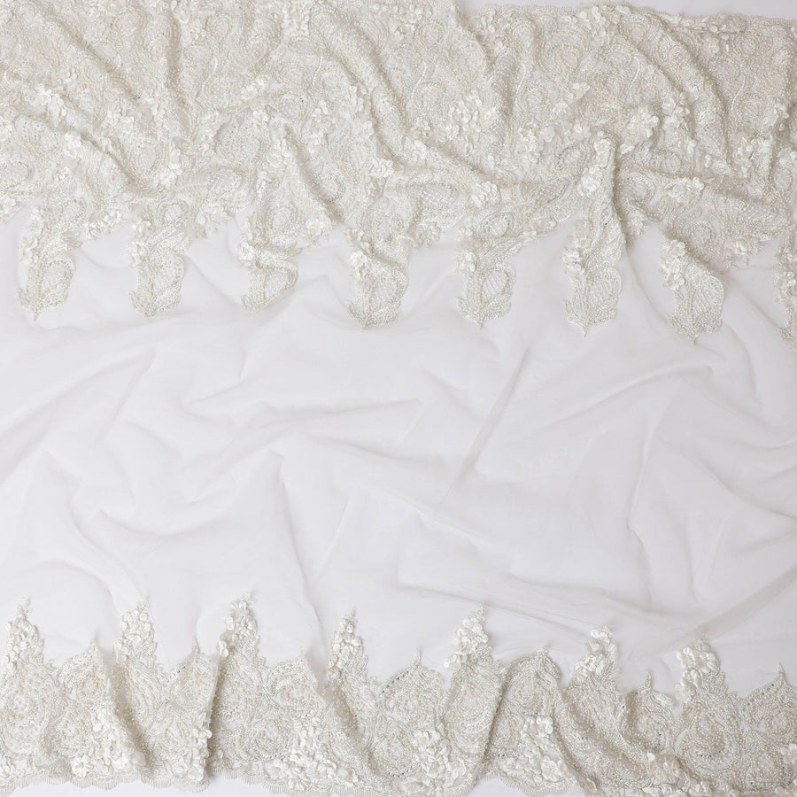 Off white nylon tulle fabric with same tone embroidery, floral petals having bead work and stone work in floral design-D11736