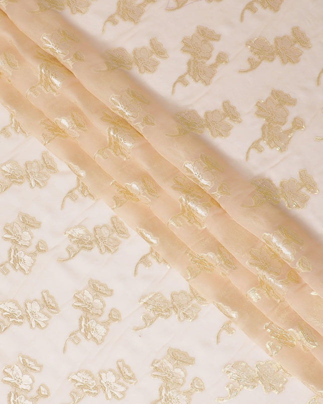 Light peach premium pure silk chiffon fabric with same tone viscose and gold metallic lurex in floral design-D13134