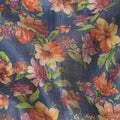 Petrol blue tussar silk fabric with olive green, tangerine orange, blonde yellow and light plum print in floral design-D6140 Regal Fabrics
