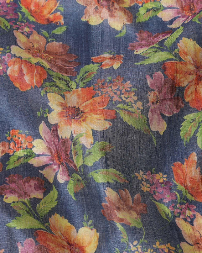 Petrol blue tussar silk fabric with olive green, tangerine orange, blonde yellow and light plum print in floral design-D6140 Regal Fabrics