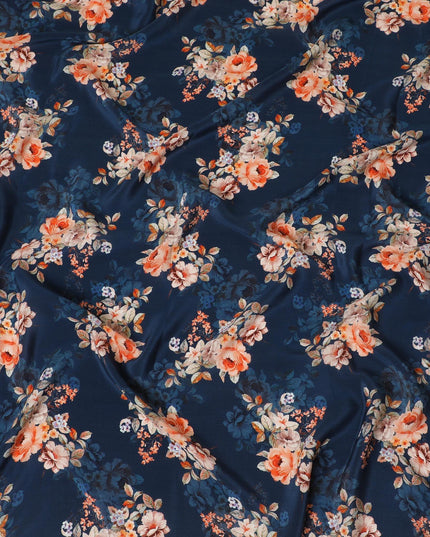 Navy blue premium pure silk crepe fabric with multicolor print in floral design-D13858 Regal Fabrics