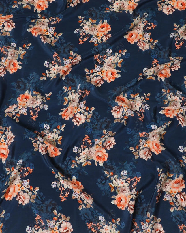 Navy blue premium pure silk crepe fabric with multicolor print in floral design-D13858 Regal Fabrics