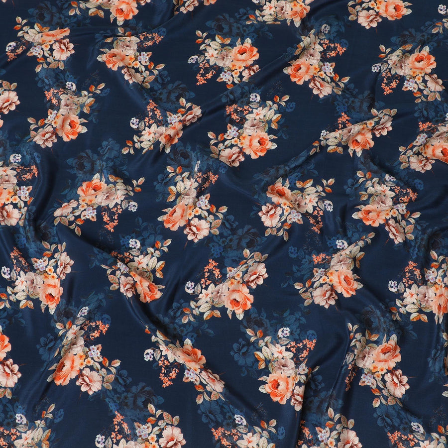 Navy blue premium pure silk crepe fabric with multicolor print in floral design-D13858 Regal Fabrics