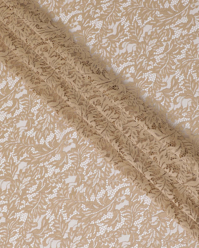 قماش دانتيل صناعي بني مع تطريز بنفس اللون بتصميم فاخر-D13898