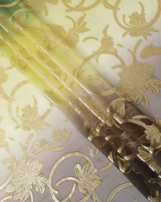 قماش شيفون حريري فرنسي (فرنساوي) فاخر باللون الأخضر والأصفر والبني بتصميم باريسي-D14024