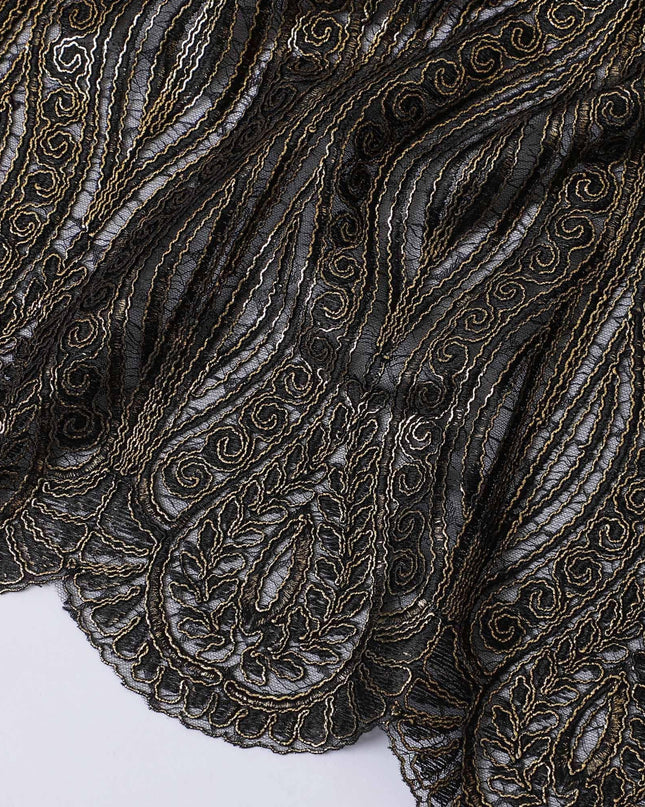 Black nylon tulle fabric with gold embroidery in fancy design-D11714