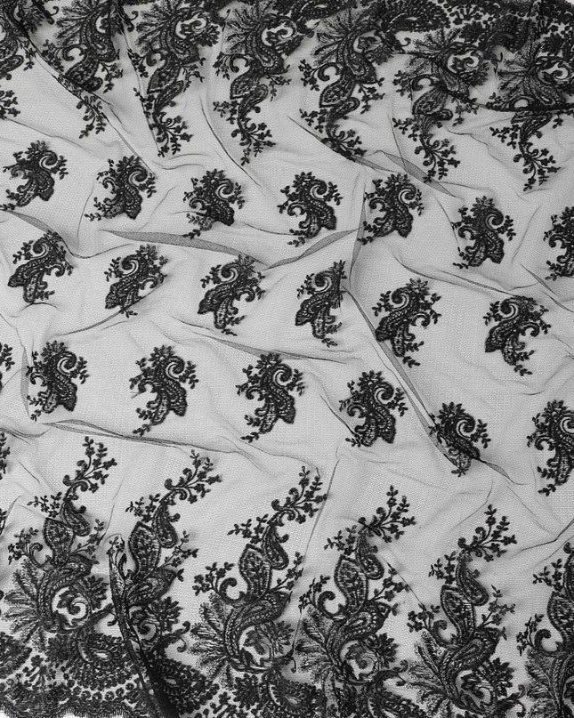 Black nylon tulle fabric with same tone embroidery in fancy design-D6024