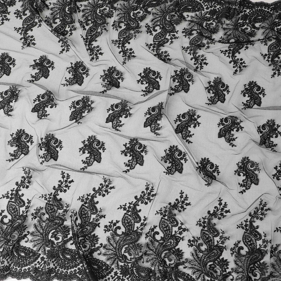 Black nylon tulle fabric with same tone embroidery in fancy design-D6024