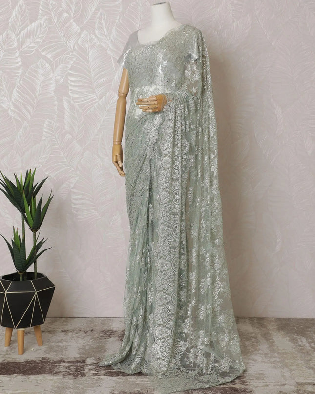 Mint green, silver, copper Premium pure French metallic chantilly lace saree in floral design-D15542 Regal Fabrics