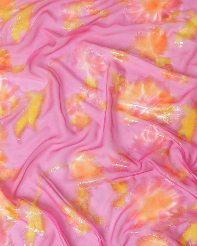 شيفون من الحرير الخالص مطبوع يدويًا باللون الأرجواني الأرجواني مع لوريكس معدني ذهبي ومطبوعات متعددة الألوان بتصميم الأزهار-D11391