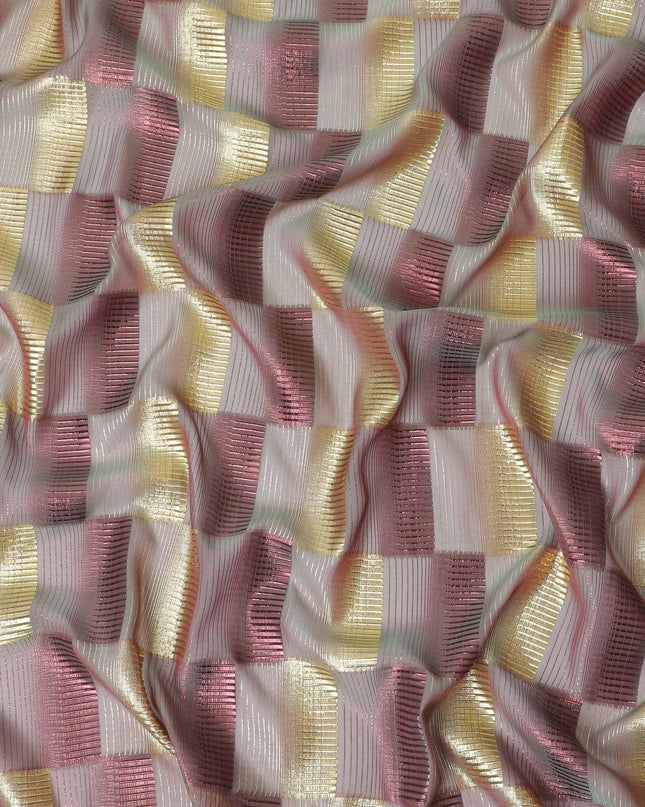 Light pink premium pure silk chiffon fabric with gold and copper metallic lurex in checks design-D11492