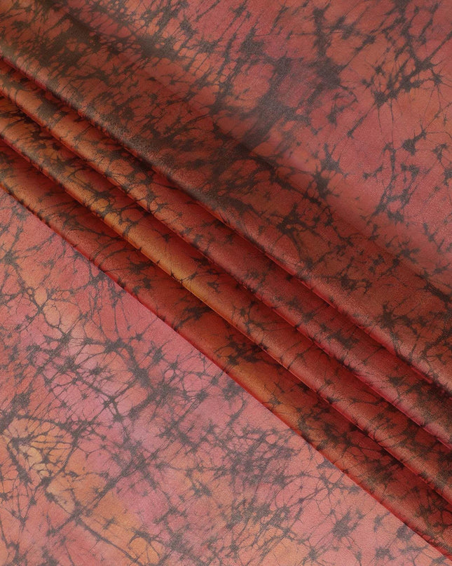 شيفون من الحرير الخالص باللون الأحمر القرمزي مع اللوريكس المعدني الذهبي والمطبوعات البنية بتصميم تجريدي-D11393