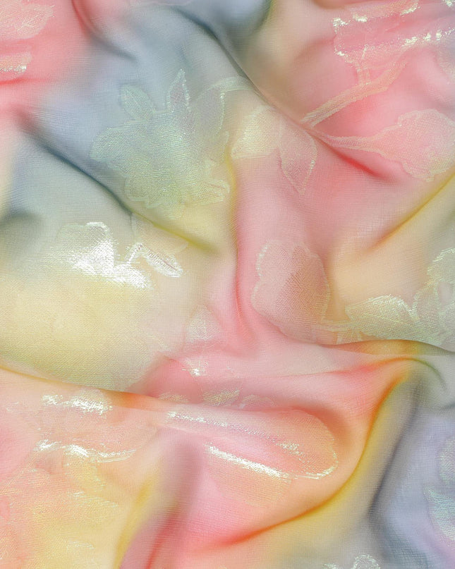 قماش شيفون من الحرير الخالص متعدد الألوان مع لوريكس معدني أخضر نيون بتصميم زهور - D9678