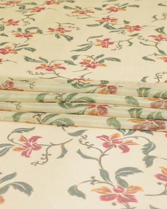 قماش شيفون من الحرير الخالص باللون البيج مع طباعة متعددة الألوان مع لوريكس معدني أخضر فاتح بتصميم الأزهار-D8881