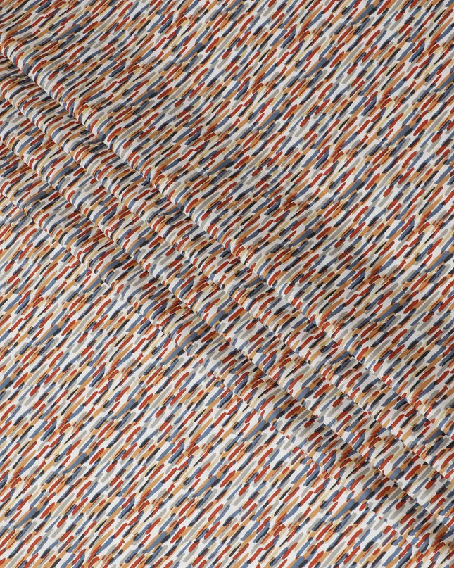 Off white cotton lawn fabric with blue, grey and red print in fancy design-D15227 Regal Fabrics