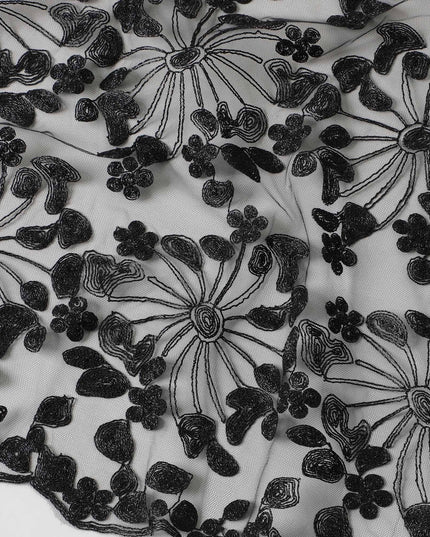 Black nylon tulle fabric with same tone and metallic embroidery in fancy design-D6039