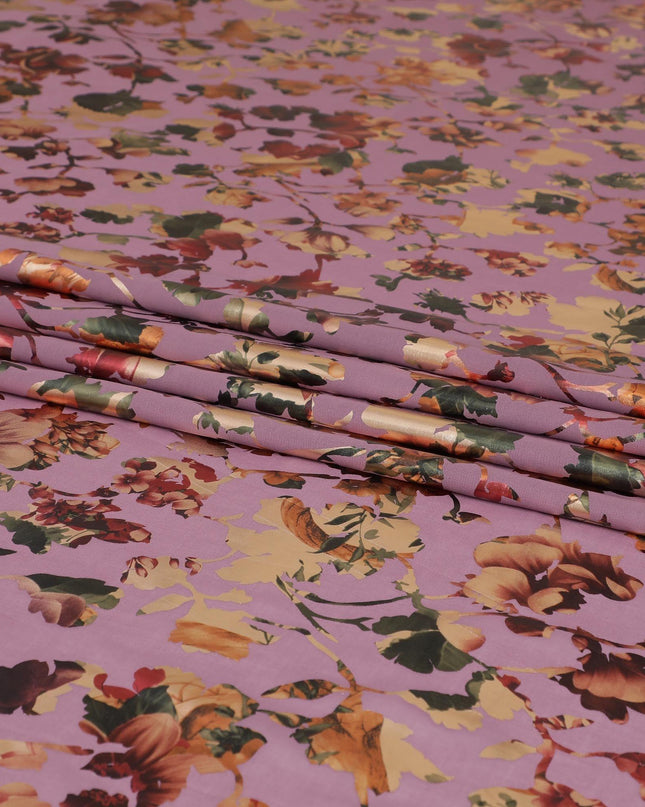 Light plum cotton voile fabric with multicolor metallic foil print in floral design-D9779