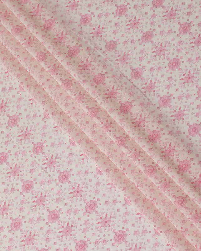 Off white cotton voile fabric with baby pink print in floral design-D15062