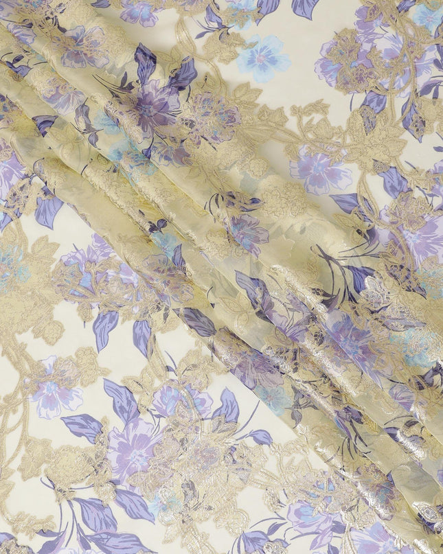 قماش شيفون من الحرير الخالص الذهبي مع طباعة متعددة الألوان ولوريكس معدني ذهبي بتصميم زهور-D14296