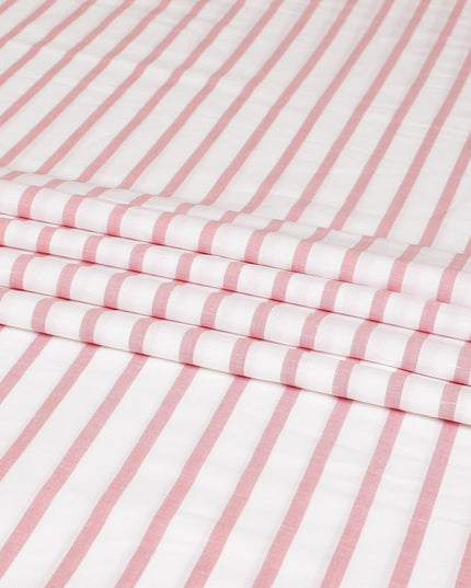 White cotton linen shirting fabric with peach print in stripe design-D7408