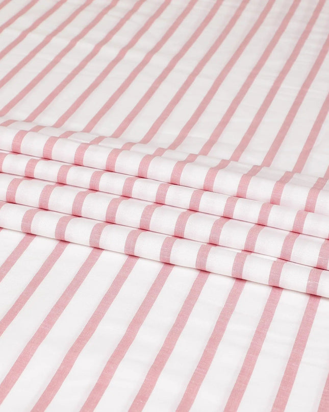 White cotton linen shirting fabric with peach print in stripe design-D7408 Regal Fabrics