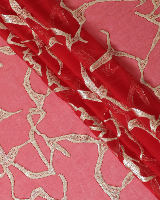 قماش شيفون من الحرير الخالص باللون الأحمر القرمزي مع لوريكس معدني ذهبي بتصميم تجريدي -D10156