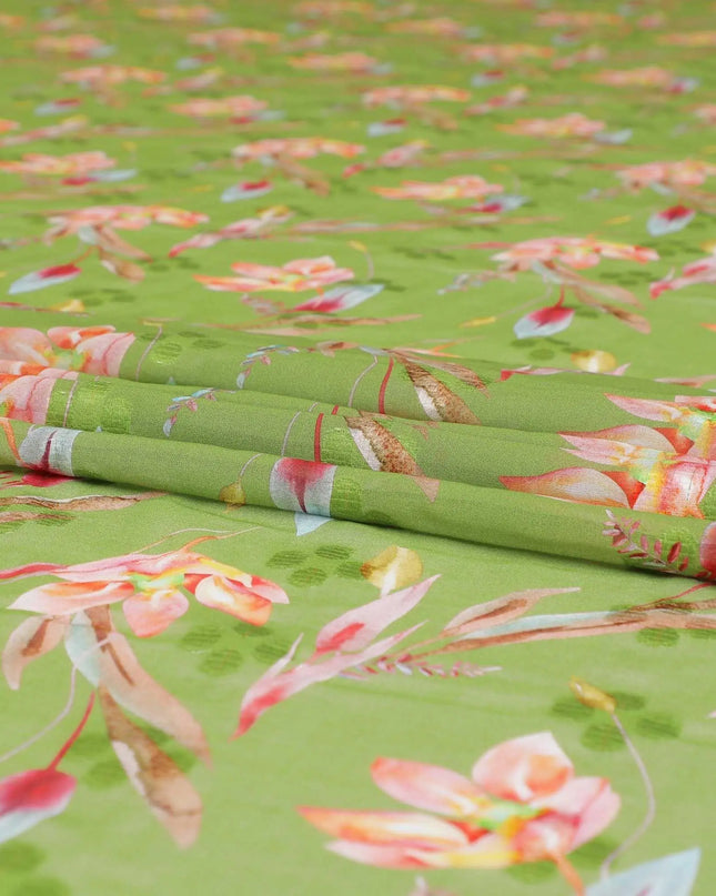 Pastel green cotton voile fabric with same tone clipcord having multicolor print in floral design-D9060 Regal Fabrics