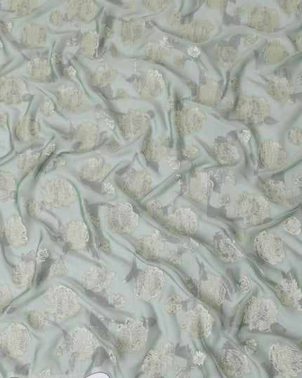 قماش شيفون حريري فرنسي (فرنساوي) فاخر باللون الأخضر الطحلبي مع نفس اللون من الفيسكوز مع لوريكس معدني أسود بتصميم زهور -D15631