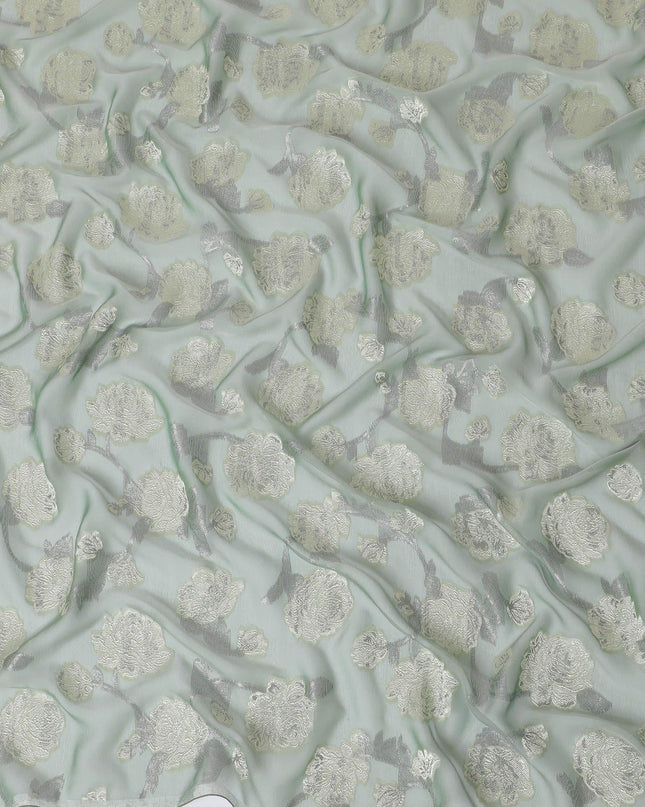 قماش شيفون حريري فرنسي (فرنساوي) فاخر باللون الأخضر الطحلبي مع نفس اللون من الفيسكوز مع لوريكس معدني أسود بتصميم زهور -D15631