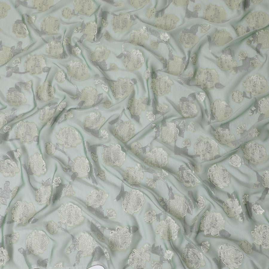 قماش شيفون حريري فرنسي (فرنساوي) فاخر باللون الأخضر الطحلبي مع نفس اللون من الفيسكوز مع لوريكس معدني أسود بتصميم زهور -D15631