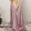 Light gold, lavender pink Premium pure French silk chiffon saree with rose pink metallic lurex in floral design-D12583