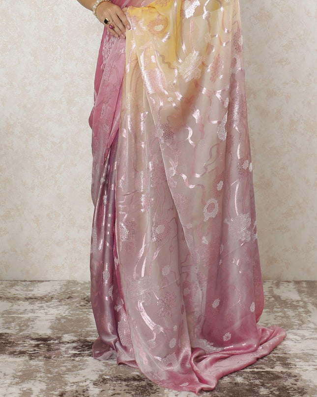 Light gold, lavender pink Premium pure French silk chiffon saree with rose pink metallic lurex in floral design-D12583