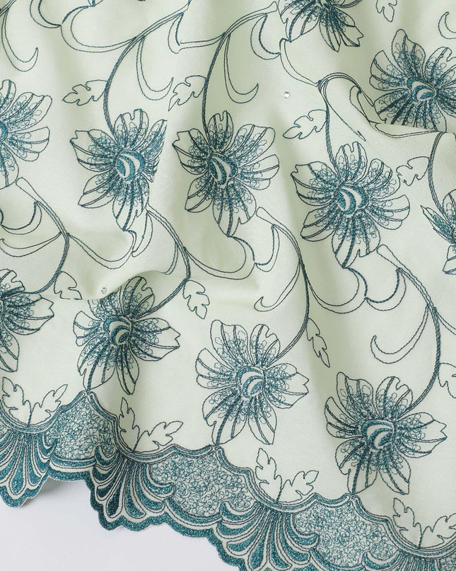 Light mint green Premium pure 100% Swiss cotton voile (Sudanese Thobe) fabric with teal blue embroidery having stone work in fancy design-D13798