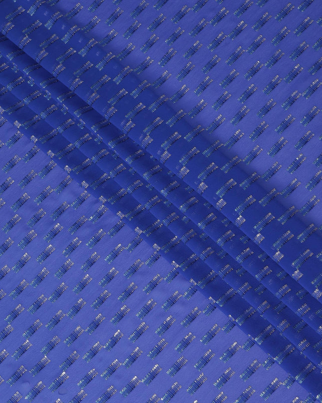 قماش شيفون حريري فرنسي (فرنساوي) فاخر باللون الأزرق الملكي مع نفس اللون من الفيسكوز والوركس المعدني الذهبي والفضي بتصميم فاخر -D14228