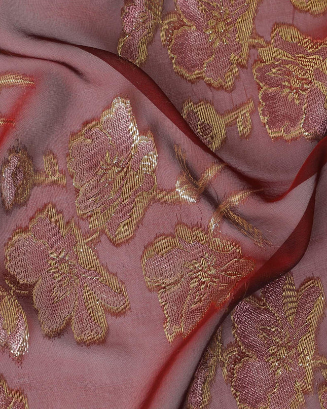 Maroon premium pure silk chiffon fabric with brick pink viscose and gold metallic lurex in floral design-D14133