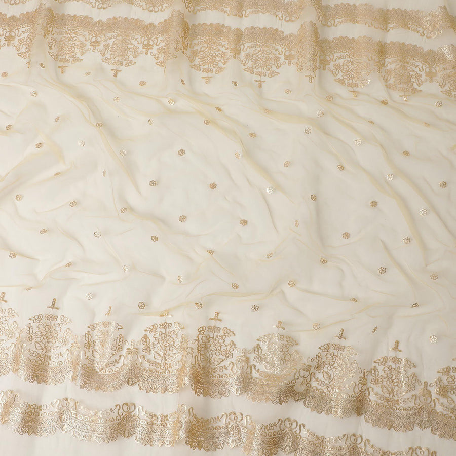 Golden haze synthetic organza fabric with beige embroidery and gold prints in floral design