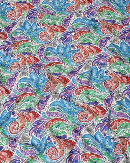 قماش ساتان من الحرير الإيطالي الخالص باللون الأبيض مع جاكار بنفس اللون مع طباعة متعددة الألوان ولوريكس معدني ذهبي بتصميم تجريدي - 14304