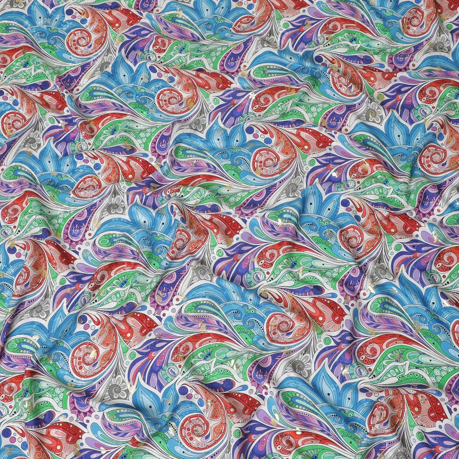 قماش ساتان من الحرير الإيطالي الخالص باللون الأبيض مع جاكار بنفس اللون مع طباعة متعددة الألوان ولوريكس معدني ذهبي بتصميم تجريدي - 14304