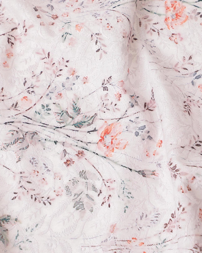 قماش فوال قطني مع تطريز بنفس اللون مع طباعة زيتونية خضراء وبرتقالية بتصميم زهور - D6992