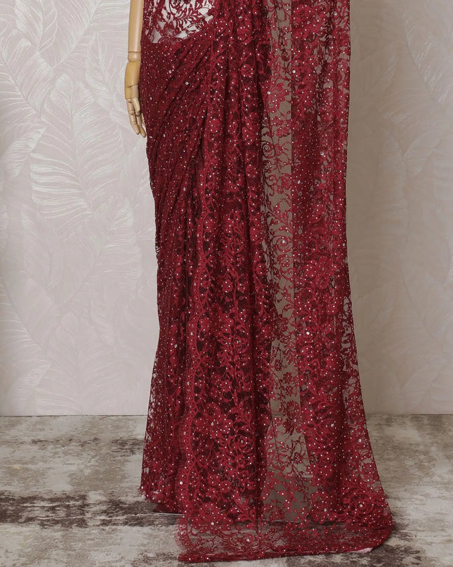 Crimson red Premium pure French chantilly lace saree having stone work in floral design-D14594 Regal Fabrics